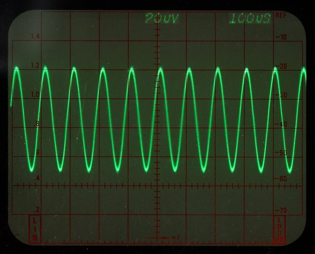 Sine waveform displayed on an oscilloscope