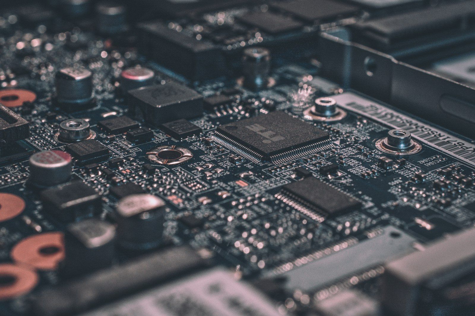 Close-up of a printed circuit board with surface-mount components